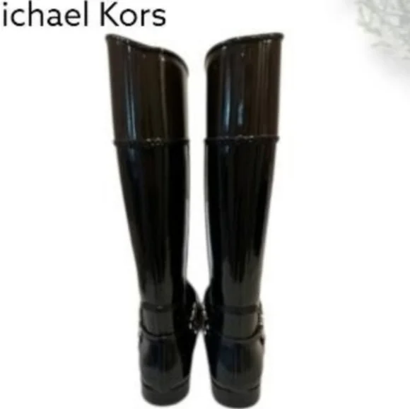 Michael Kors Fulton Tall Riding Harness Boot Black Gloss MK Logo Rain Women 8 - Picture 3 of 11